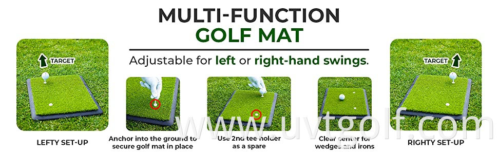 Multi-function golf mat for lefty or righty. Spare second tee holder.